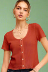 Brushed Waffle Button Front Top - Rusty Rose