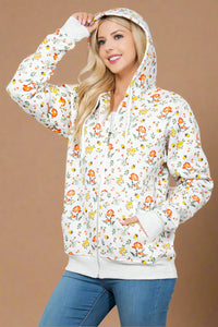 Floral & Mushroom Zipper Hoodie - Grey