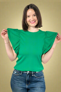 Ribbed Flounce Sleeve Blouse Green