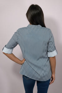 Striped 3/4 Sleeve Blouse - Navy