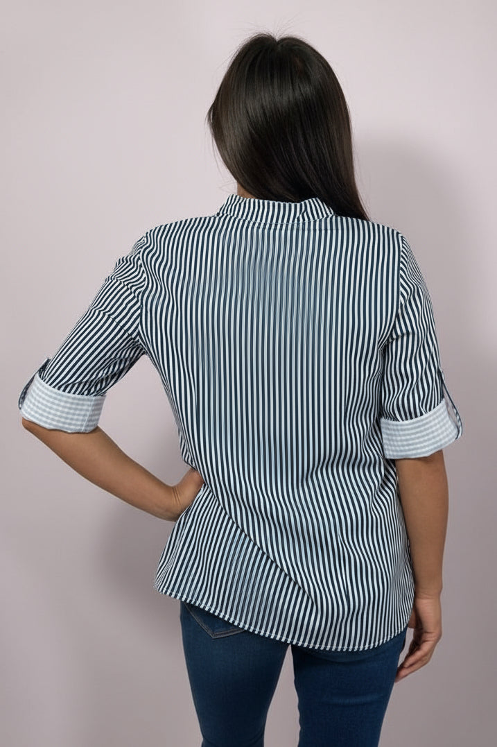 Striped 3/4 Sleeve Blouse - Navy