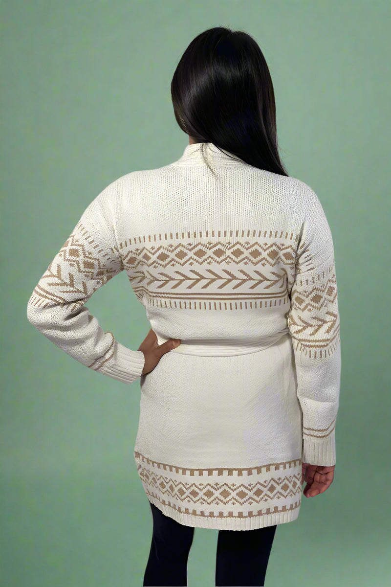 Tribal Print Waist Tie Cardigan - Natural