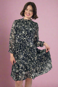 Floral Smocked Yoke Tiered Dress - Black
