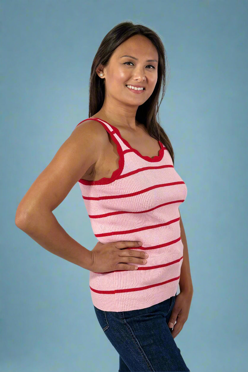 Scalloped Edge Knit Striped Tank Top - Rose