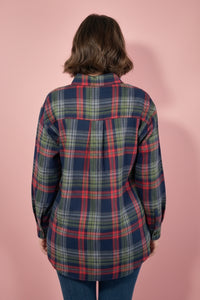 Plaid Button Up Flannel Shirt - Navy