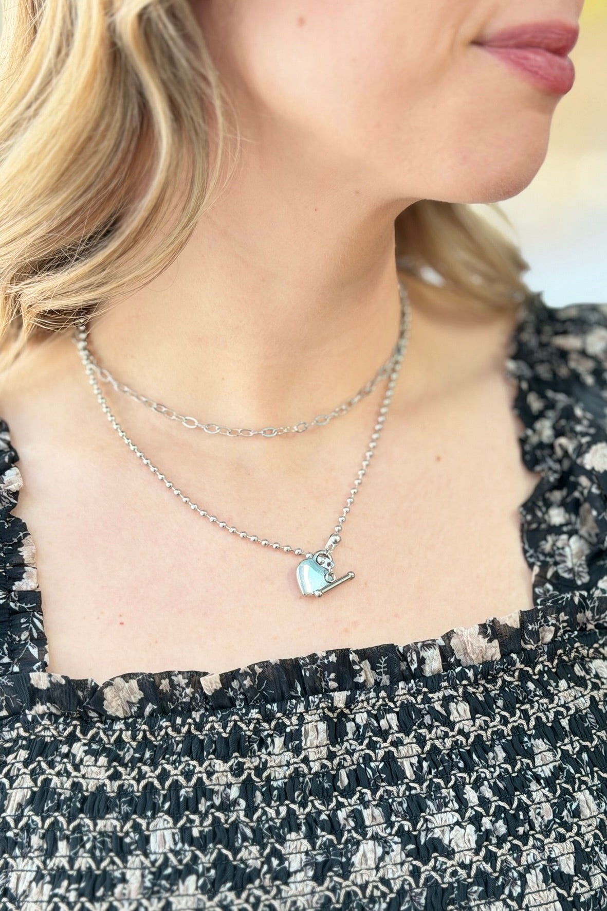 Layered Heart Charm Necklace - Silver