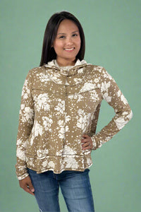 Hoodie Long Sleeve Floral Top - Taupe