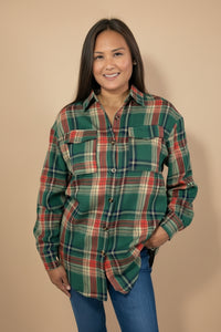 Plaid Button Up Flannel Shirt - Dark Green