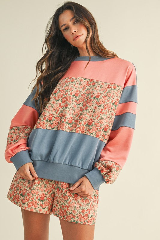 Floral Panel Color Block Sweatshirt - Rose Pink