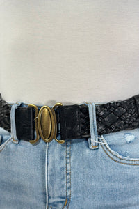 Oval Buckle Braided Elastic Belt - Black