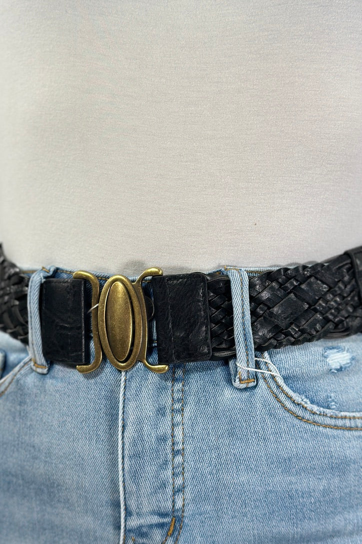 Oval Buckle Braided Elastic Belt - Black