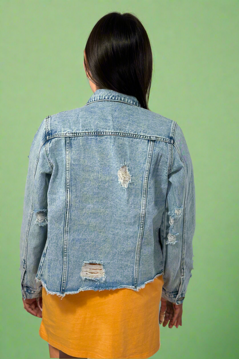 Distressed Raw Hem Buttons Denim Jacket