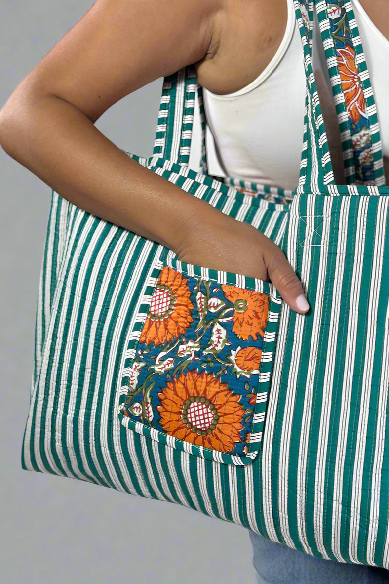 Reversible Quilted Tote Bag - Teal