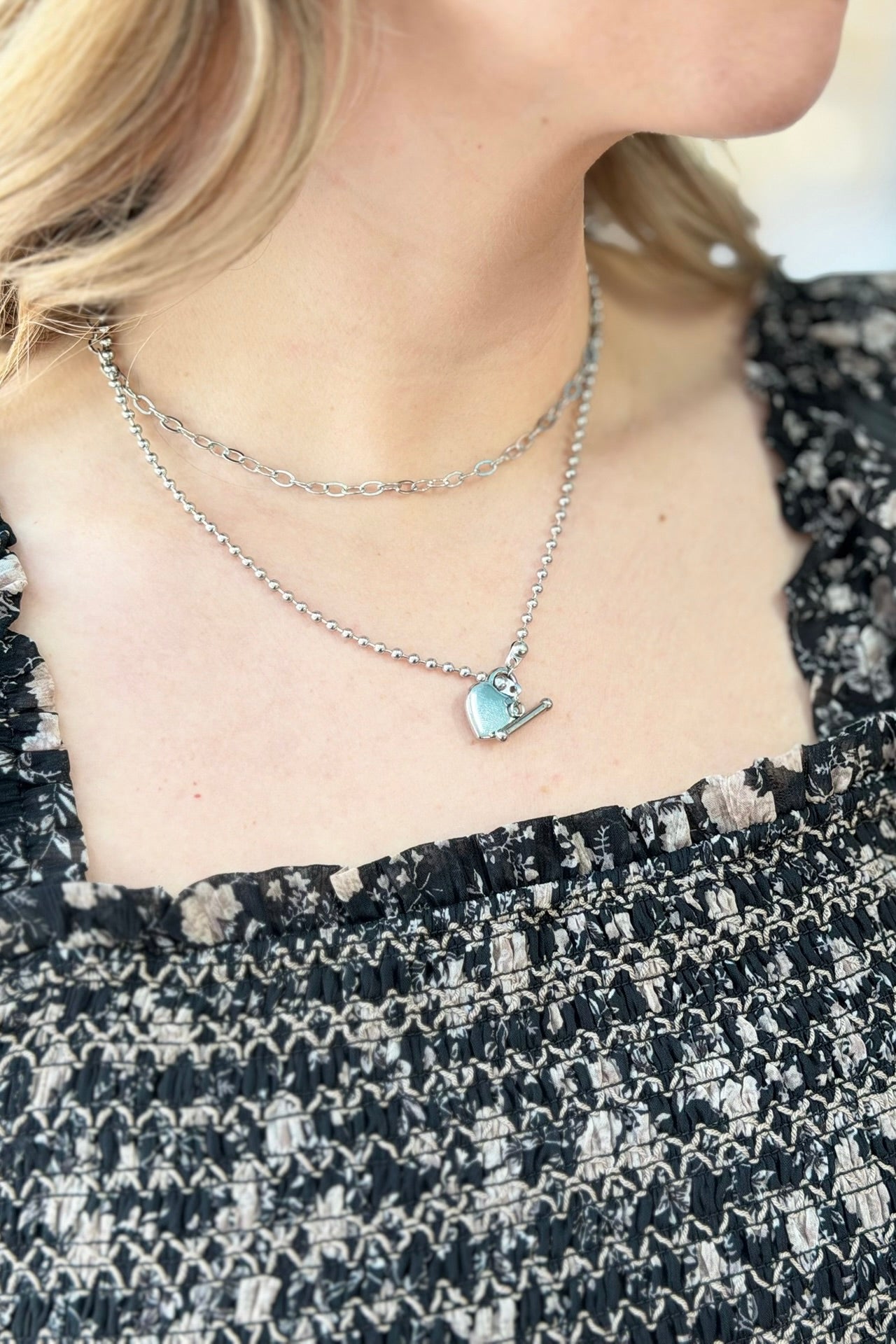 Layered Heart Charm Necklace - Silver