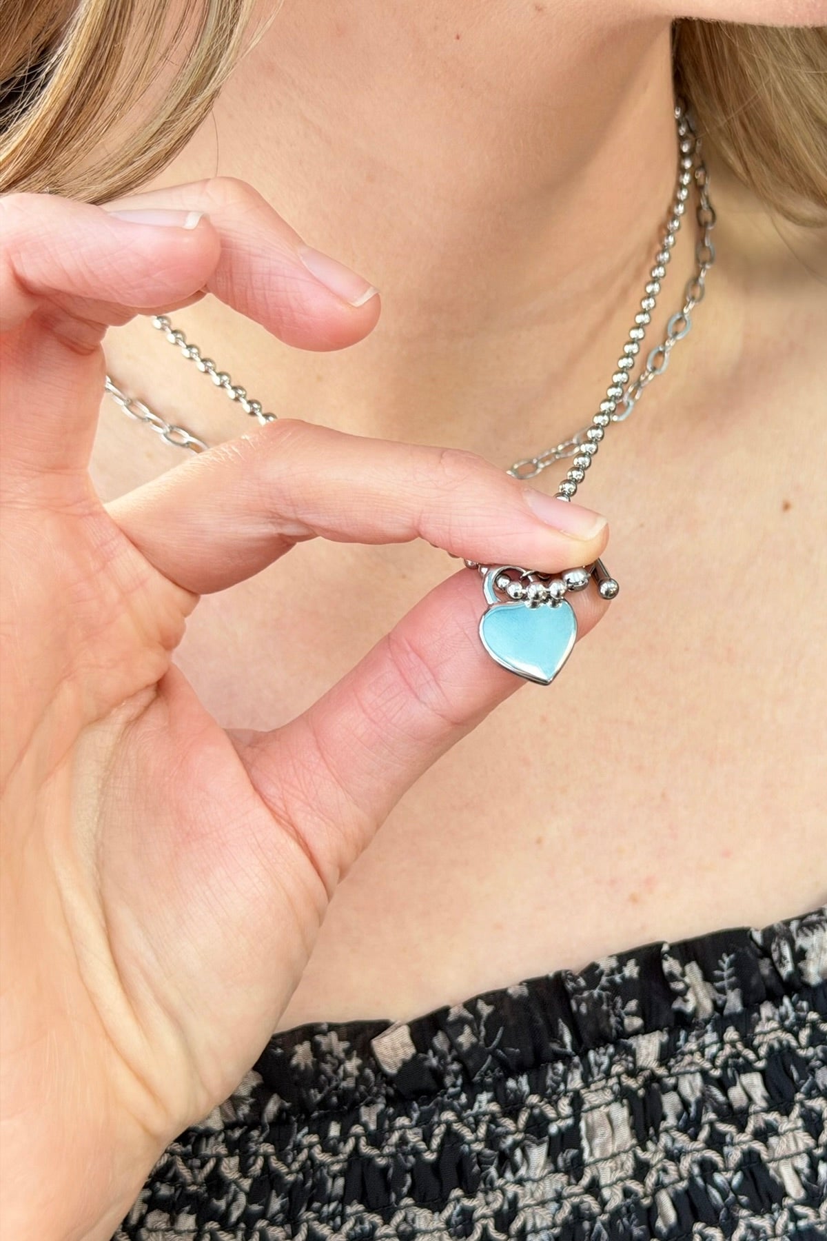 Layered Heart Charm Necklace - Silver