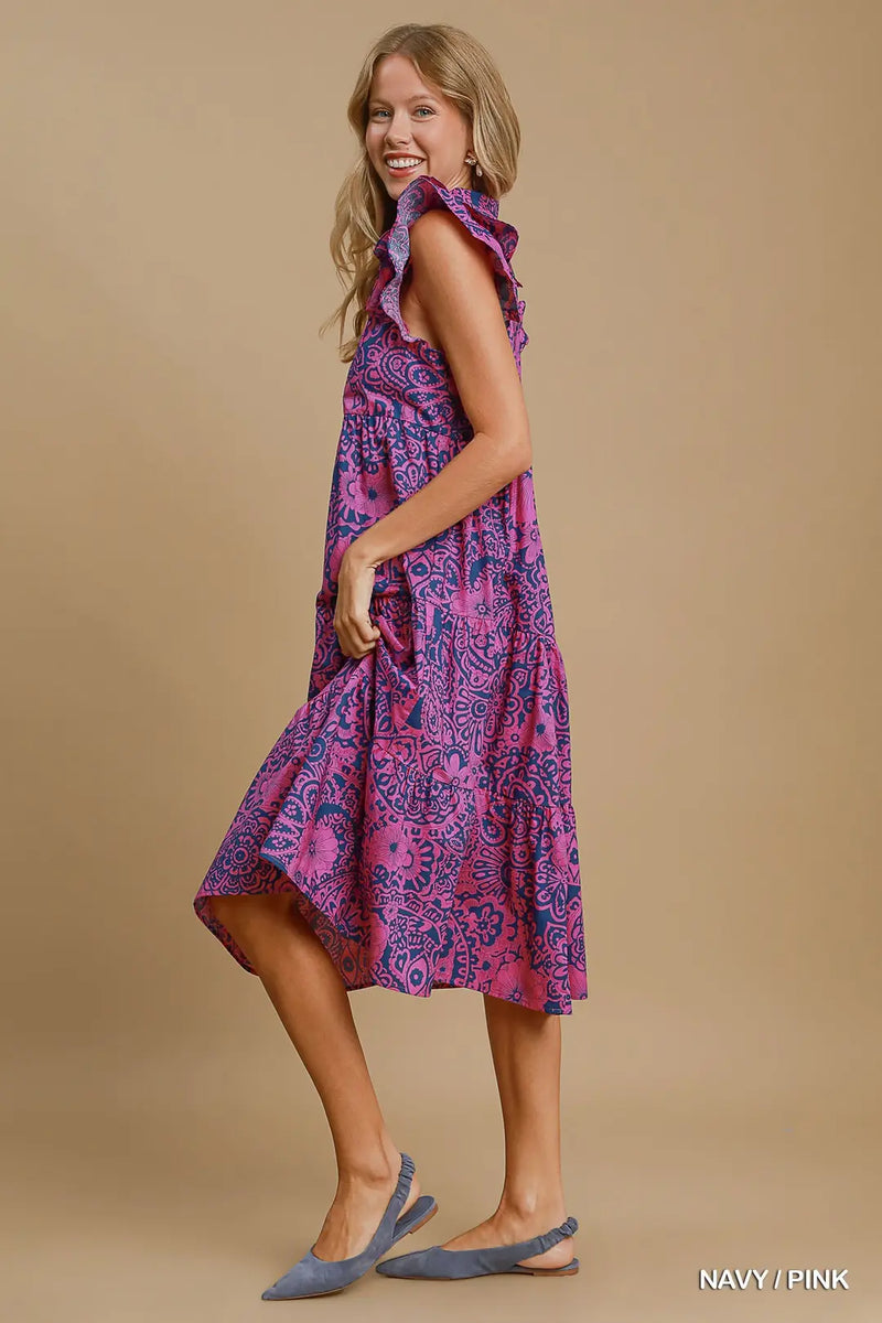 Two Tone Paisley Midi Dress - Navy