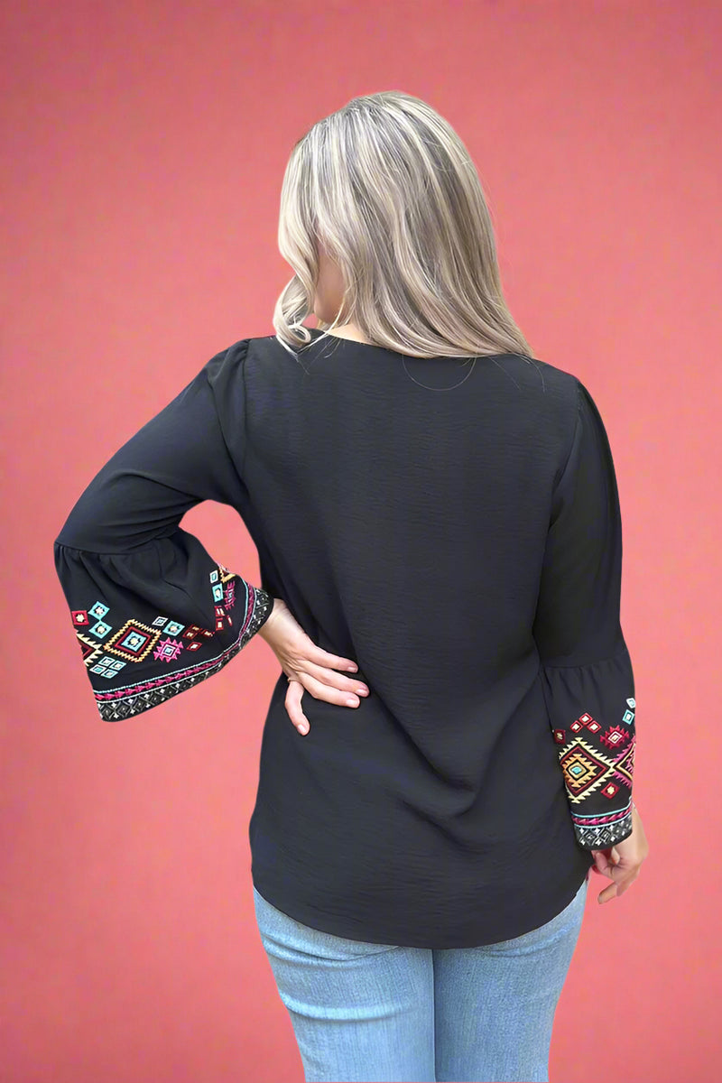 Solid Bell Embroidered Top Black