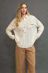 Contrast Half Button Down Top - Oatmeal