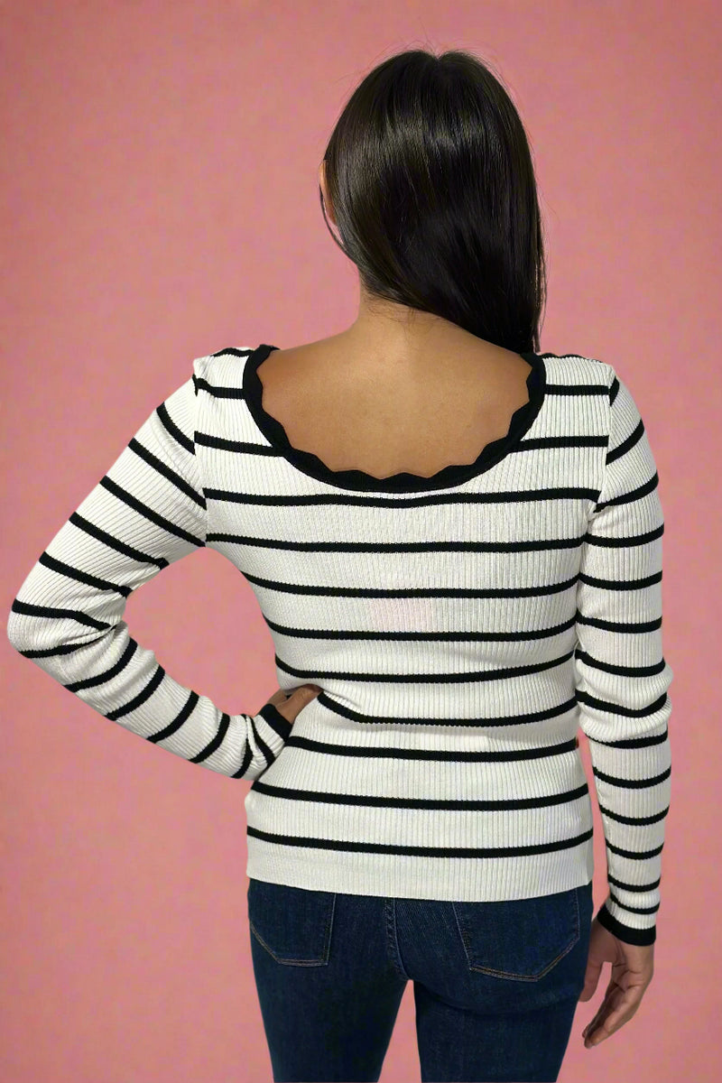 Scalloped Edge Striped Ribbed Sweater - Black