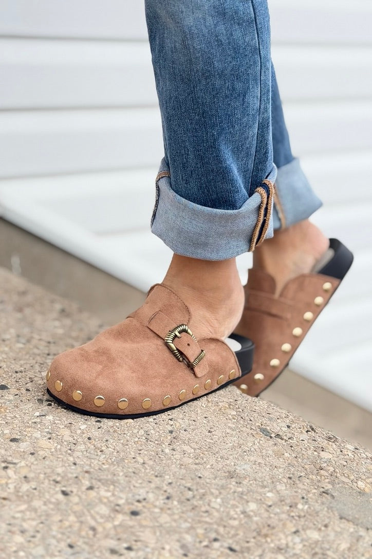 Toni - Latte Studded Buckle Clog