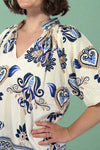 Bubble Sleeve Border Printed Top - Navy
