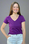 A women’s basic short sleeve v-neck cotton tee in purple.