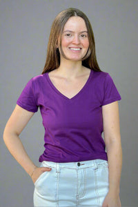 A women’s basic short sleeve v-neck cotton tee in purple.