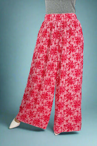 Wide Leg Floral Crinkle Pant - Pink