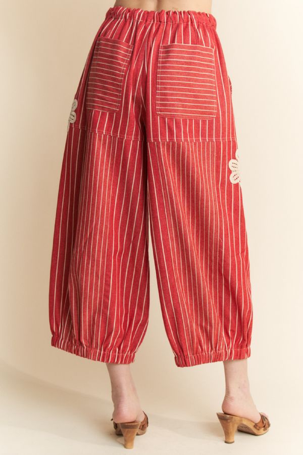 Striped Barrel Embroidered Pants - Red