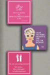 Square beverage napkins in purple and pink. All feature funny phrase on the front.