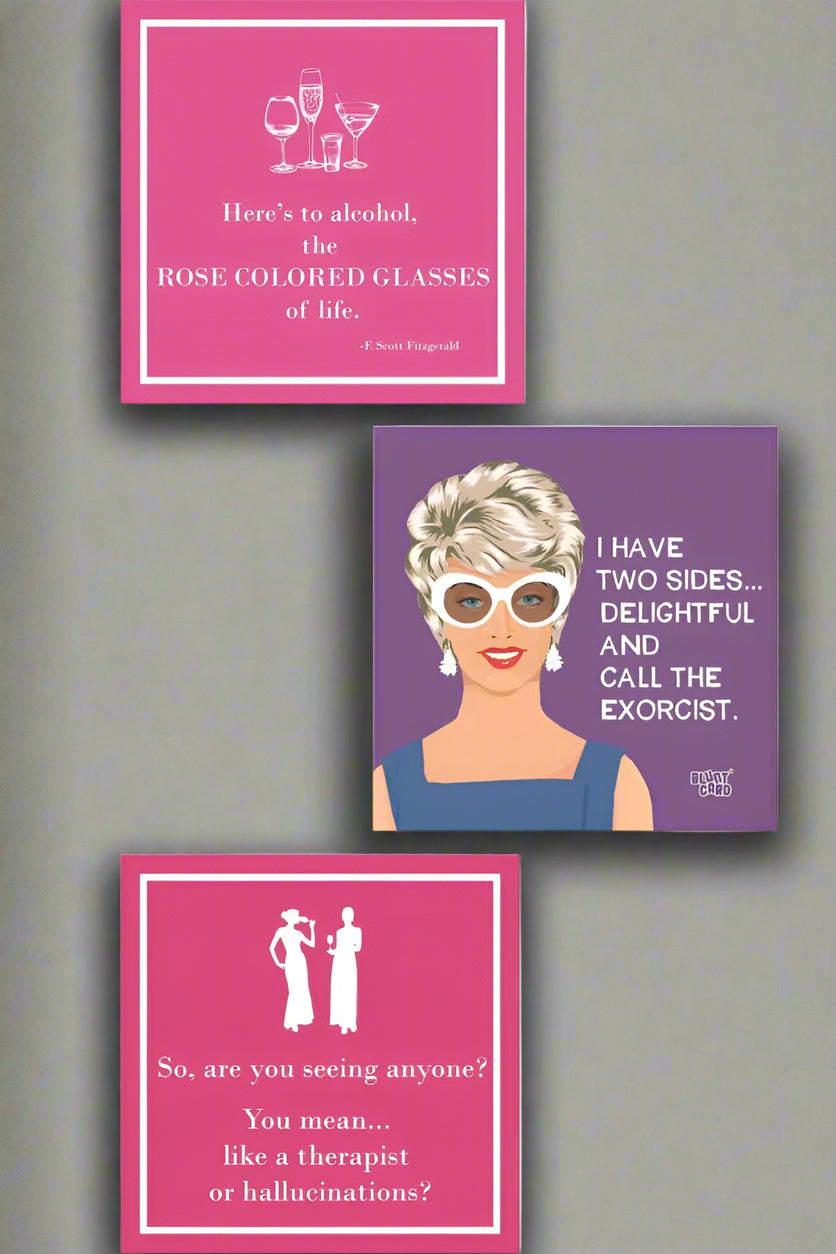 Square beverage napkins in purple and pink. All feature funny phrase on the front.