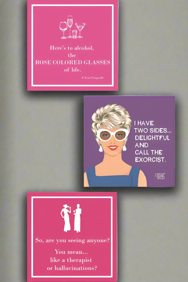 Square beverage napkins in purple and pink. All feature funny phrase on the front.