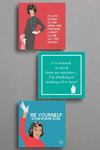 These square beverage napkins come in red, teal, or blue with funny phrases on the front.