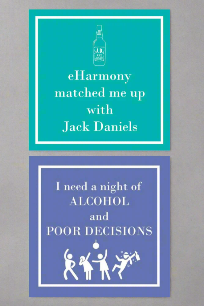 Square cocktail napkins in blue and teal. Each contain a funny phrase.
