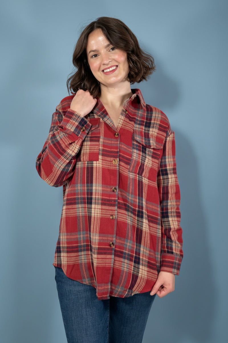 Plaid Button Up Flannel Shirt - Khaki