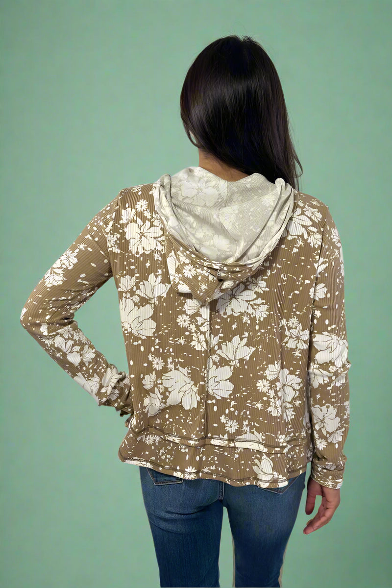 Hoodie Long Sleeve Floral Top - Taupe