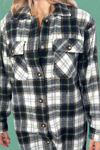 Black, White & Olive Plaid Long Flannel