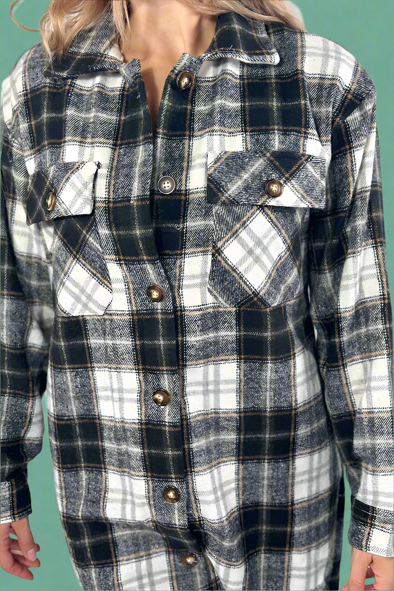 Black, White & Olive Plaid Long Flannel