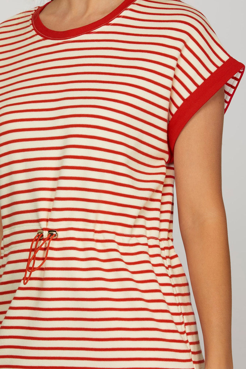 Cinch Waist Striped Knit Dress - Red