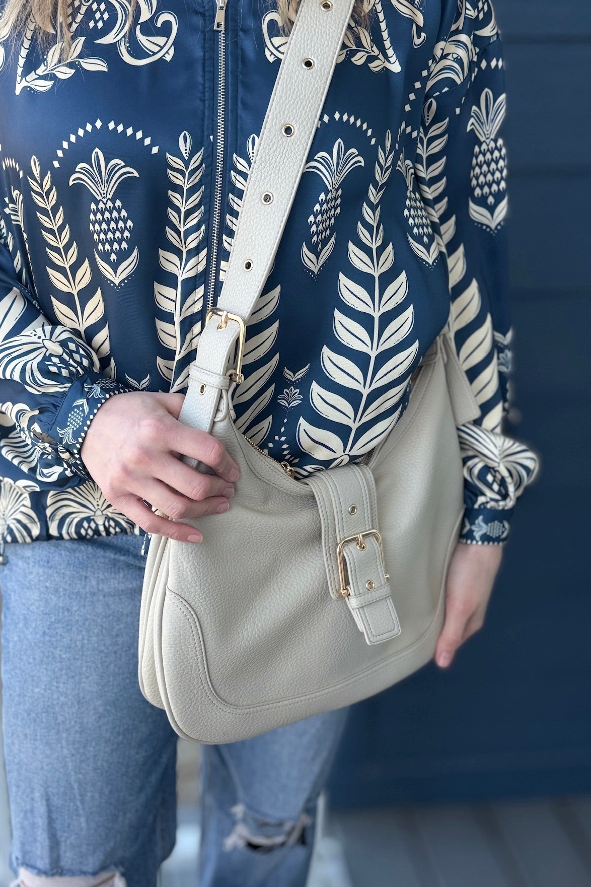 Marissa Buckle Shoulder Hobo Bag - Beige