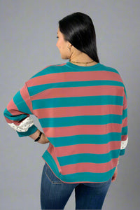 Floral Contrast Striped Top - Teal