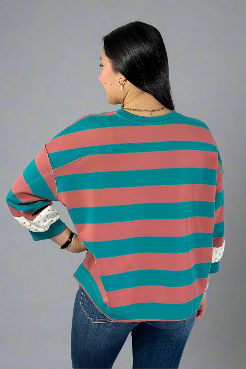 Floral Contrast Striped Top - Teal