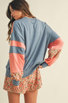 Floral Panel Color Block Sweatshirt - Rose Pink