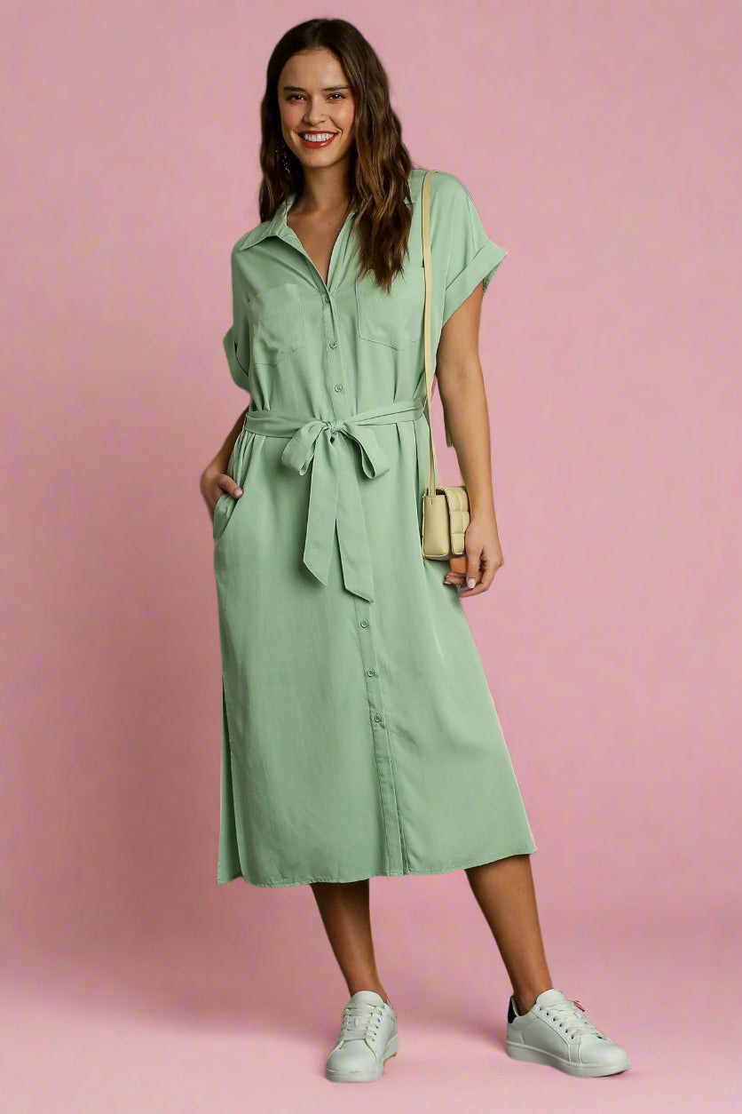 Collared Button Down Midi Dress - Sage Tie Waist Casual Lightweight Small Collared Button Down Midi Dress - Sage Tie Waist Casual Lightweight Small