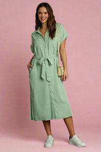 Collared Button Down Midi Dress - Sage