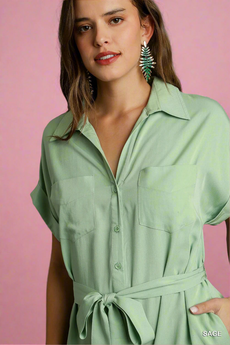 Collared Button Down Midi Dress - Sage