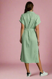 Collared Button Down Midi Dress - Sage
