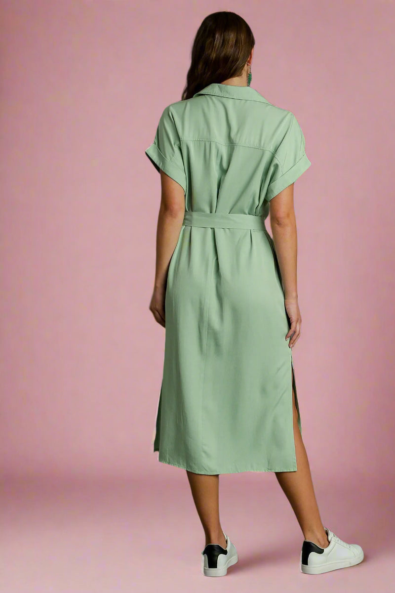Collared Button Down Midi Dress - Sage