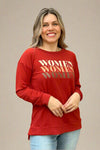 A women’s lightweight pullover crewneck sweatshirt in red with written “Women” graphic on front.