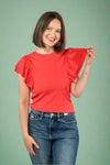 Ribbed Flounce Sleeve Blouse Red